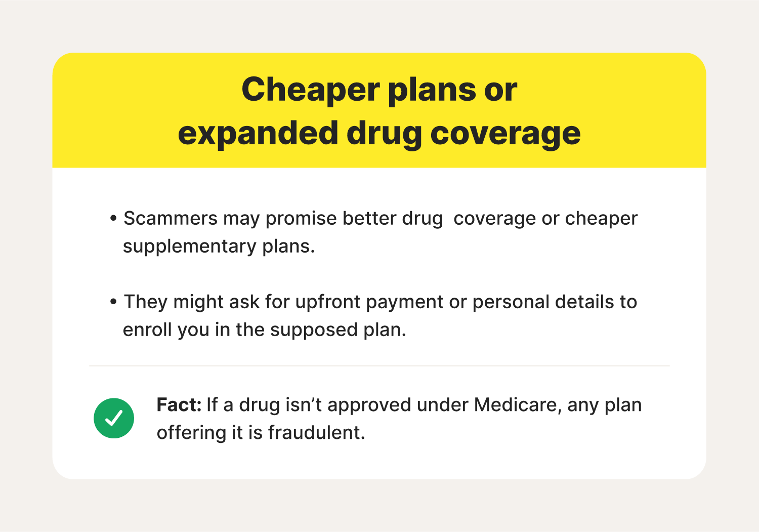 An image overviewing signs of and facts about Medicare fraud involving cheaper plans or plan expansion.