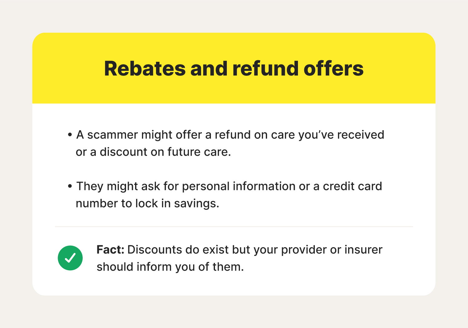 An image overviewing signs of and facts about rebate and refund-related Medicare fraud.