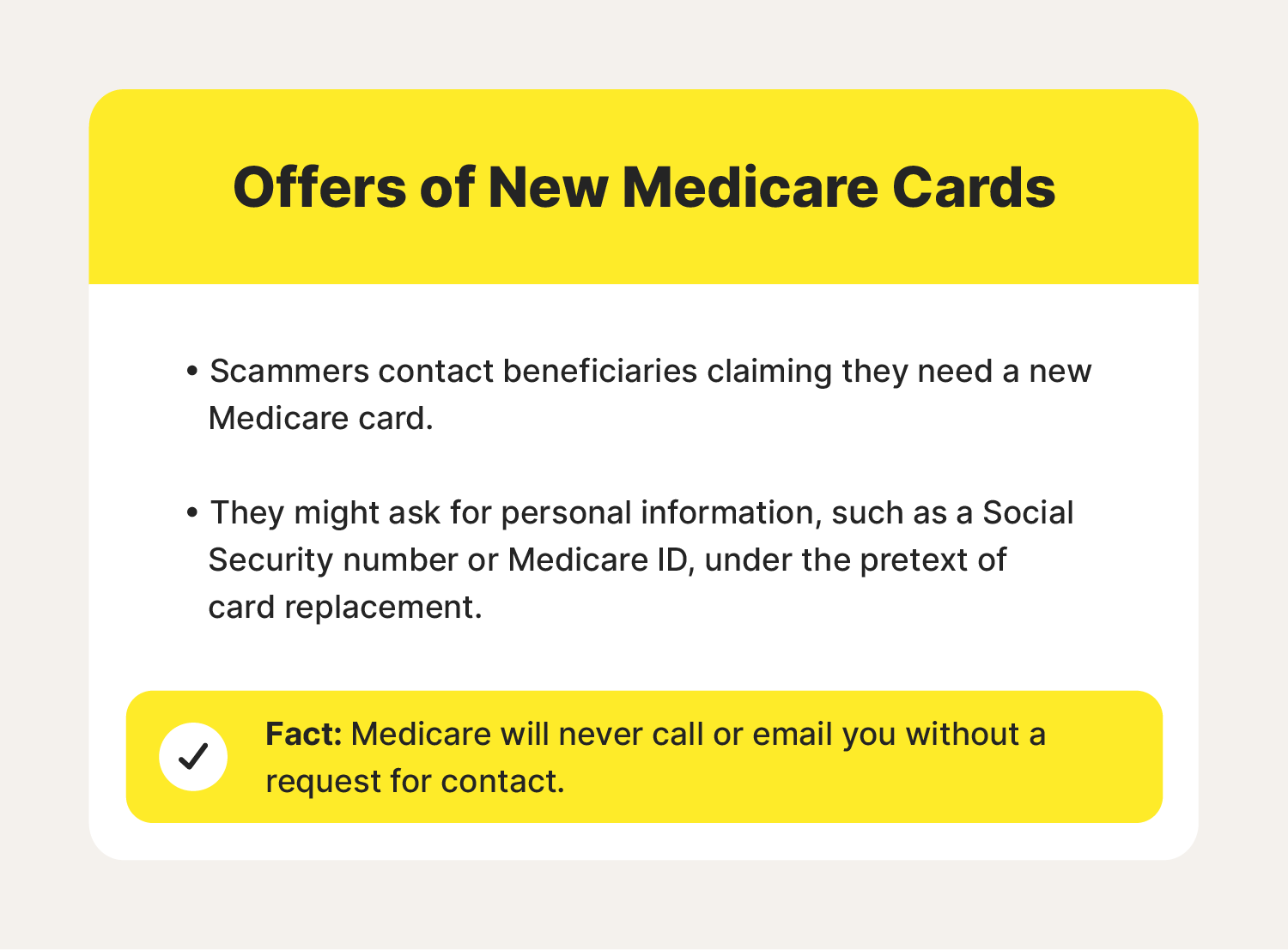 A chart covers one of the most common Medicare scams, offers of new Medicare cards.
