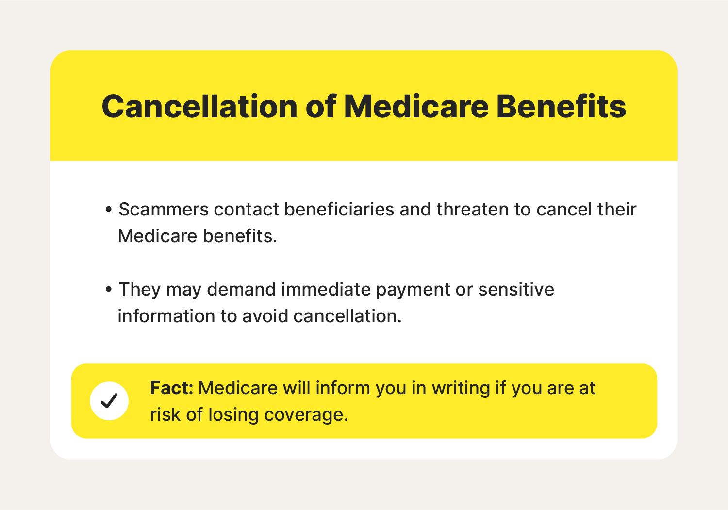 A chart covers one of the most common Medicare scams, threats to cancel someone’s Medicare benefits.