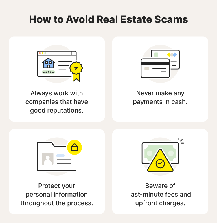 Illustrated chart with tips for how to avoid real estate scams.