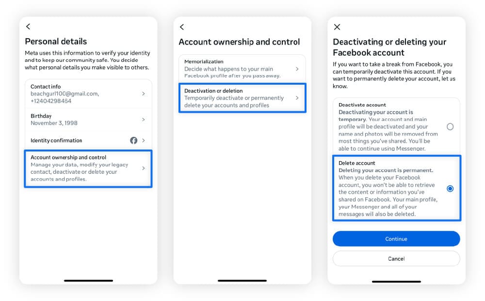 A set of screenshots showing how to delete Facebook.