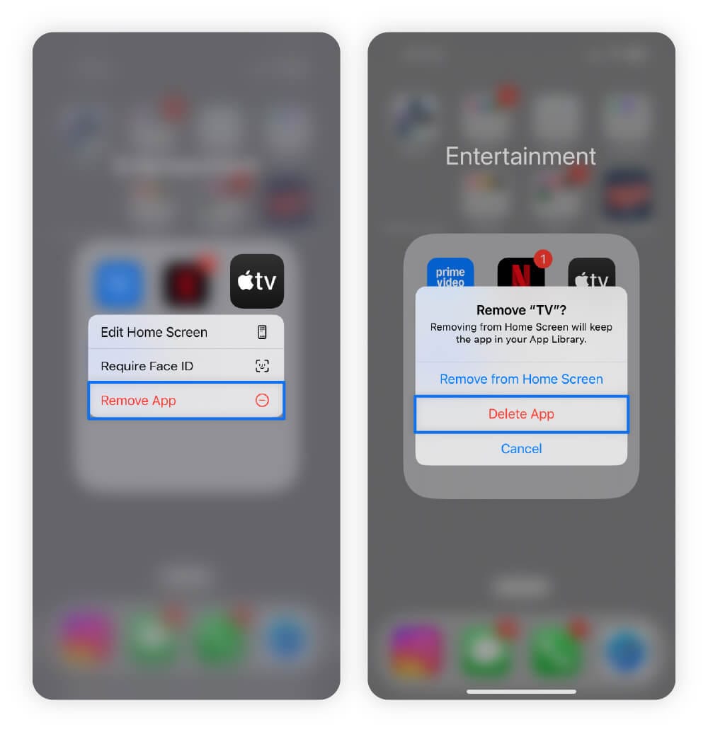 A set of screenshots guiding users on how to delete apps on iPhone.