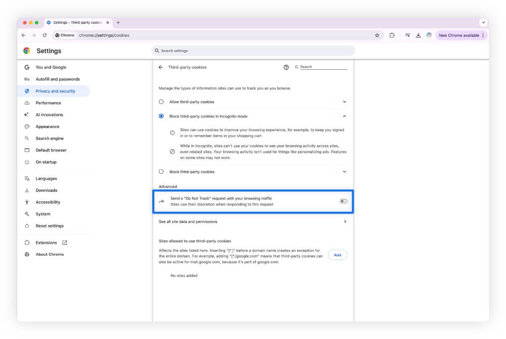 A screenshot guiding users through enabling Do Not Track on Google Chrome.