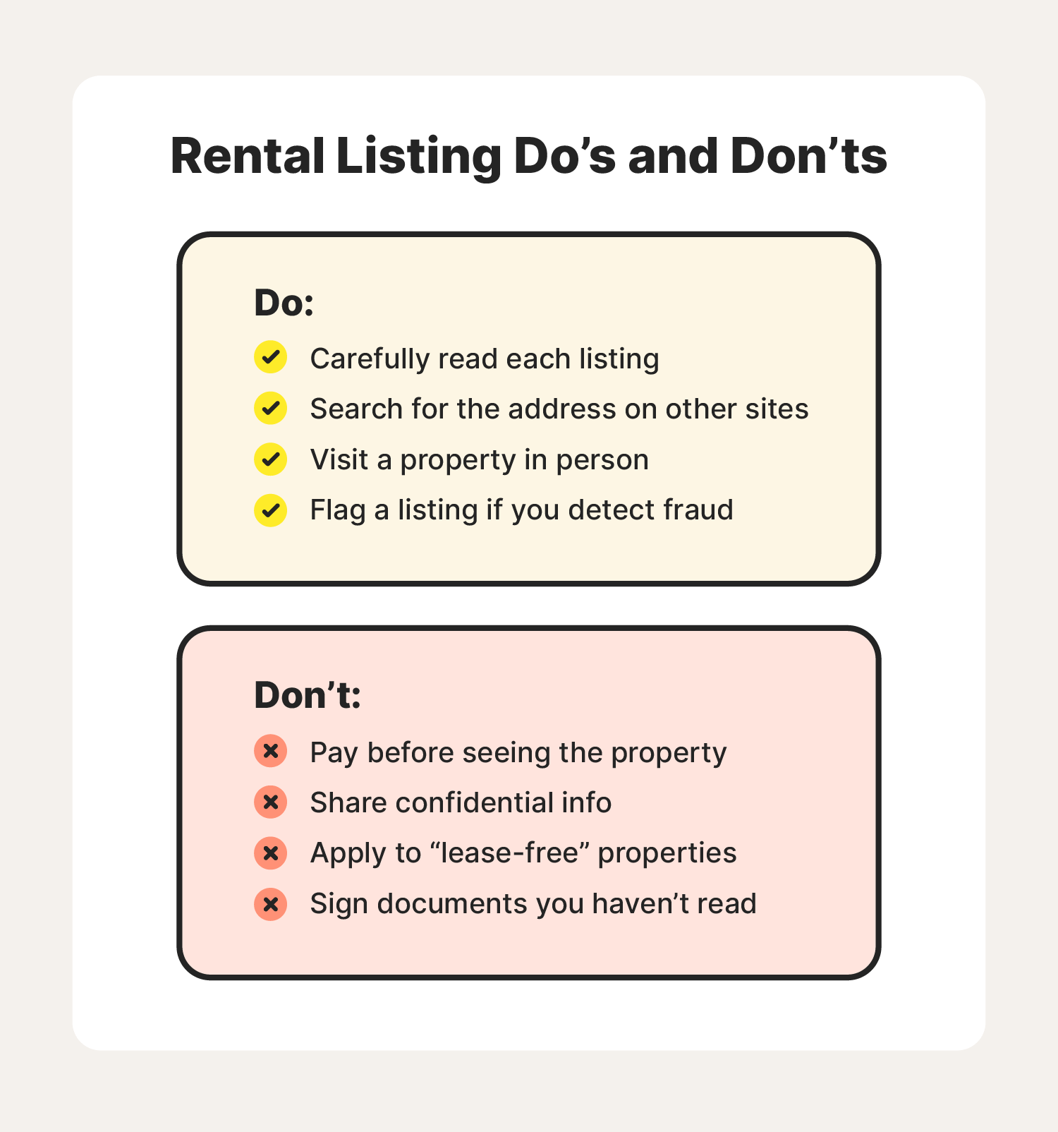 Two text boxes display the do’s and don’ts of dealing with rental listings, helping inform how to avoid rental scams.