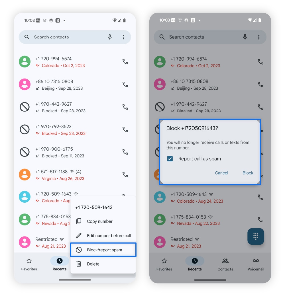 Screenshots showing how to block a scam number on an Android phone.