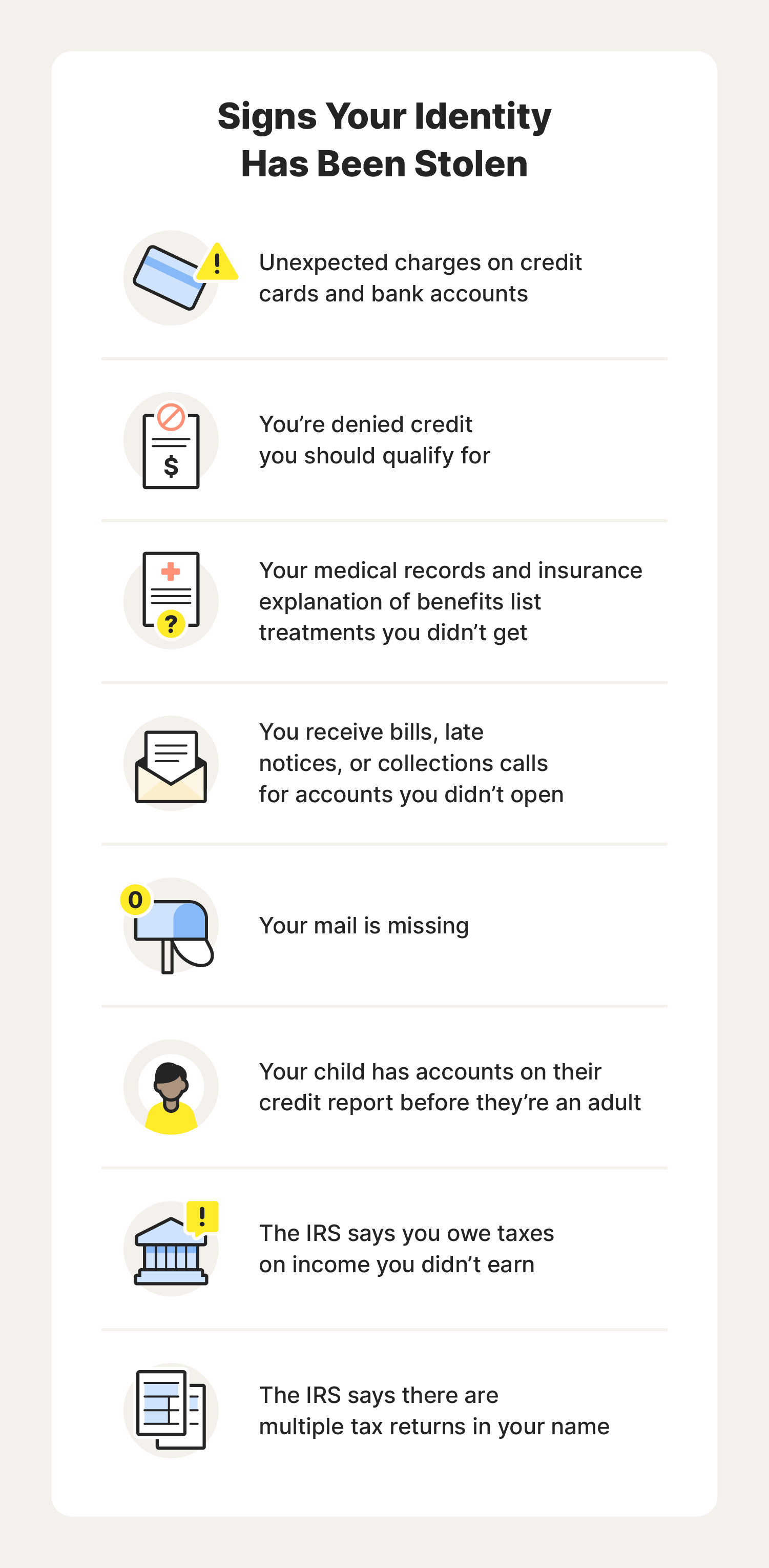 An illustrated chart breaks down some common warning signs of identity theft.