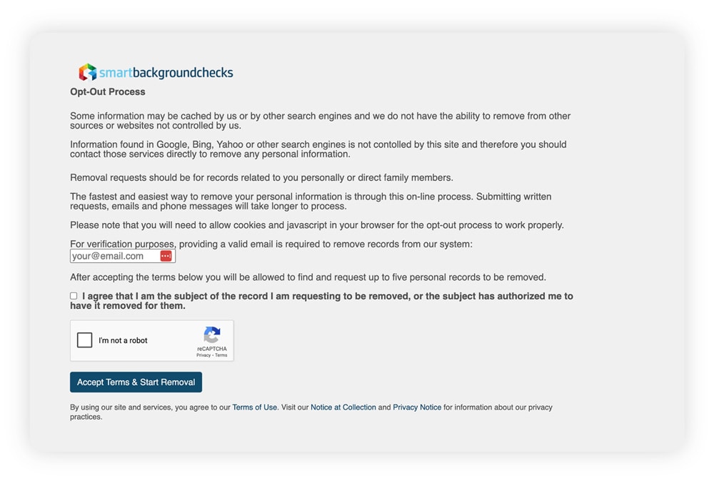 A screenshot showing the SmartBackgroundChecks opt-out request page.