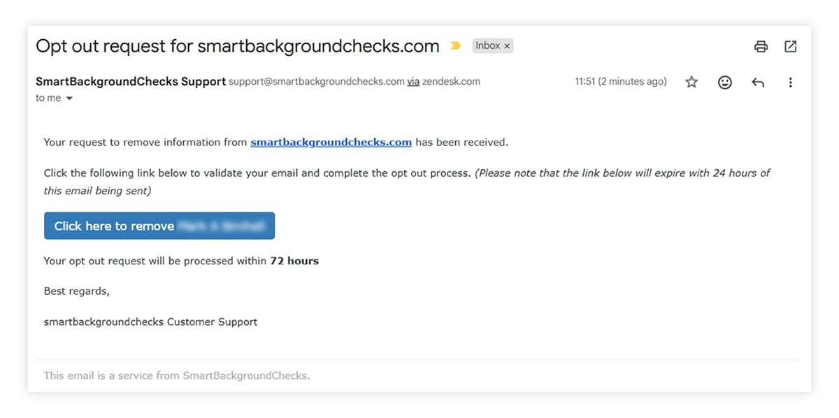 A screenshot showing the SmartBackgroundChecks opt-out email confirmation.