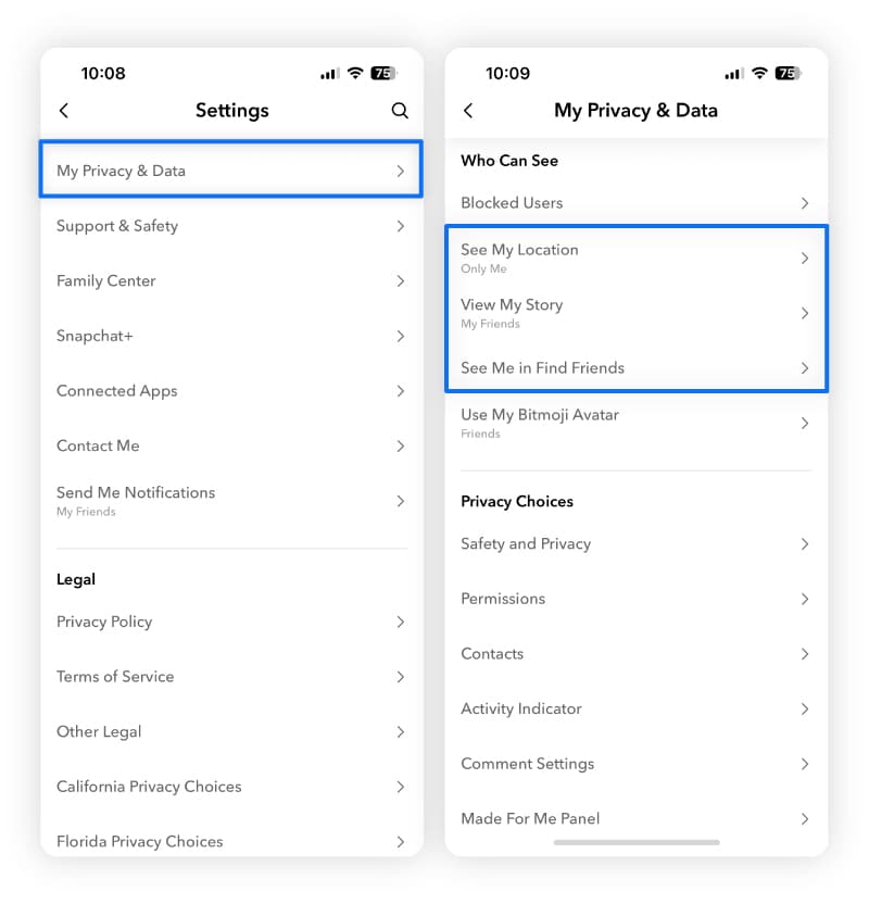 Screenshots showing how to protect the privacy of your location on Snapchat.