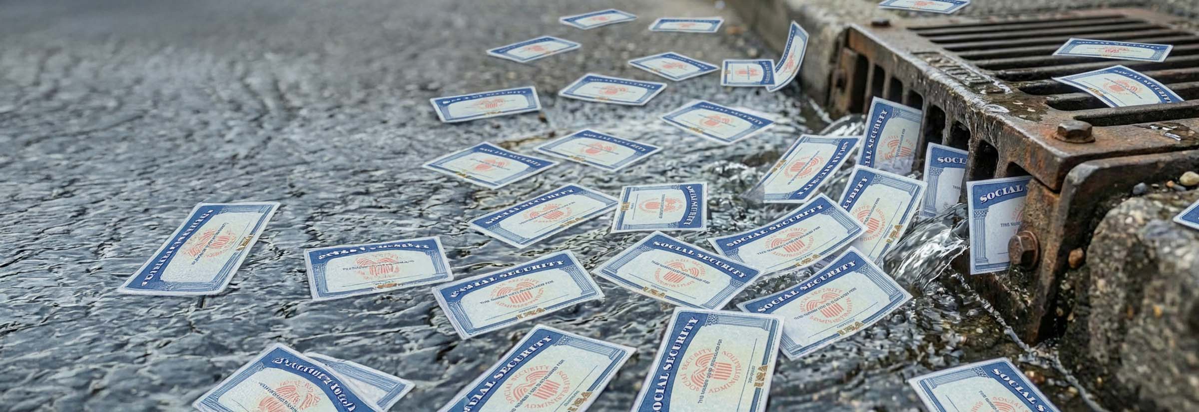 Social Security cards scattered near a storm drain, representing an SSN leak.