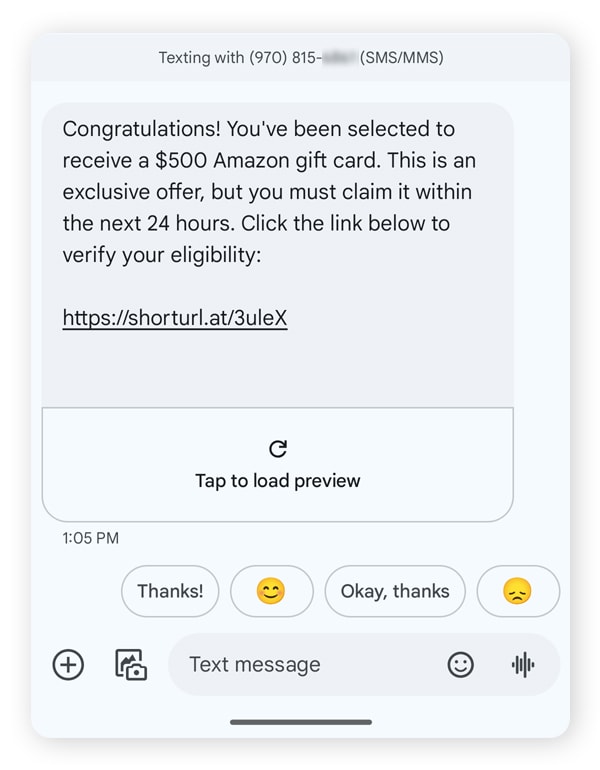 A fake Amazon text claiming the recipient won a $500 gift card in a prize scam.