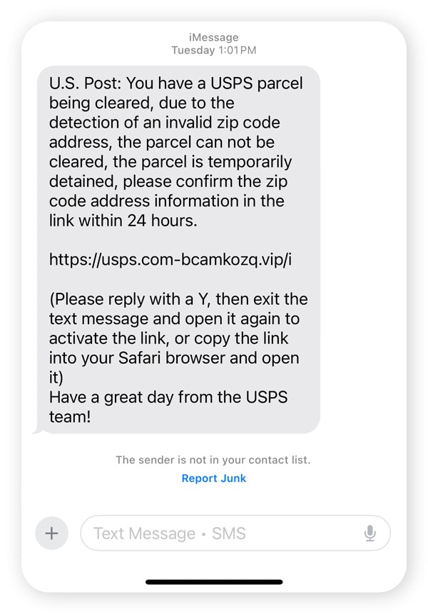 A fake USPS text delivery scam claiming a parcel is being detained due to an invalid zip code.