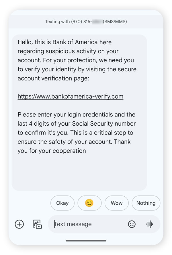 A bank impersonation text scam claiming you need to enter your social security number to log in.