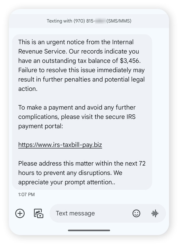 An IRS impersonation text claiming that the receiver owes back taxes in a scam.