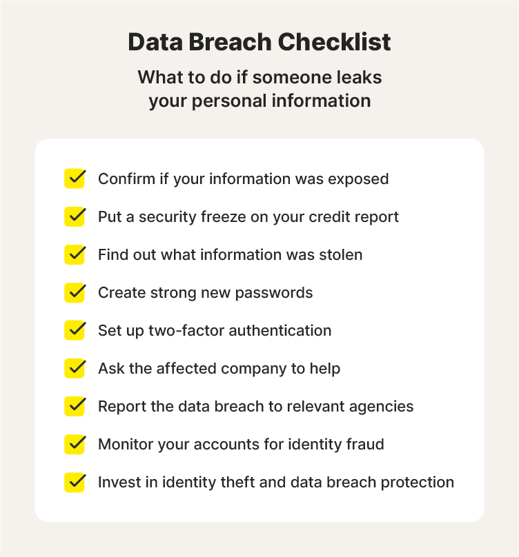 A data breach checklist explaining what to do if someone leaks your personal information online. 