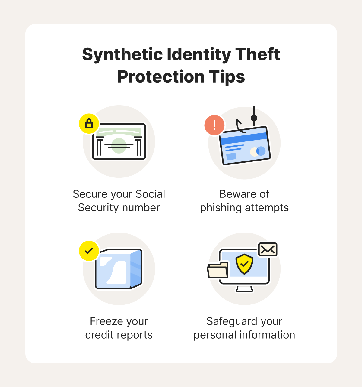 A graphic displays synthetic identity theft protection tips.