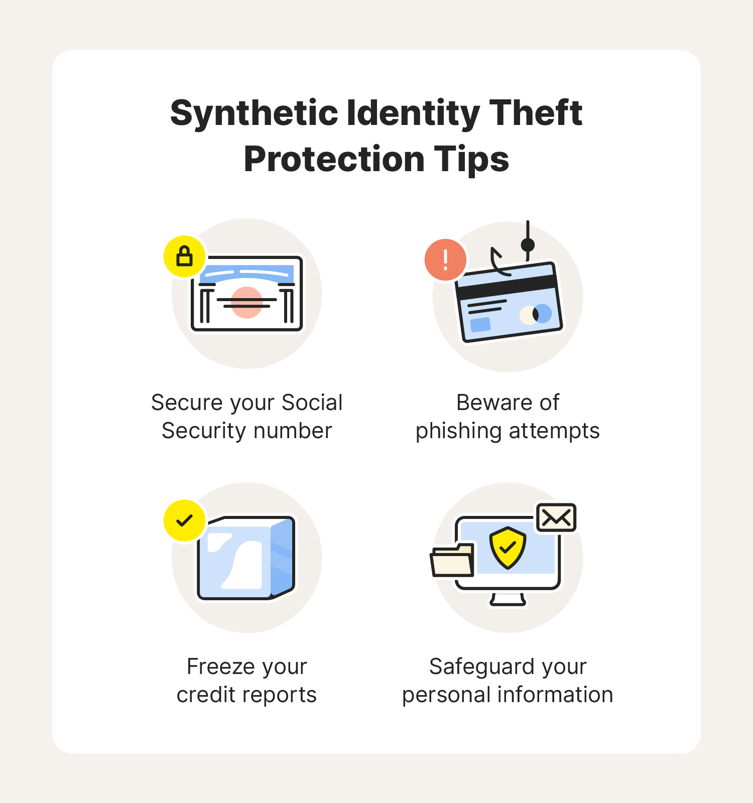 A graphic displays synthetic identity theft protection tips.