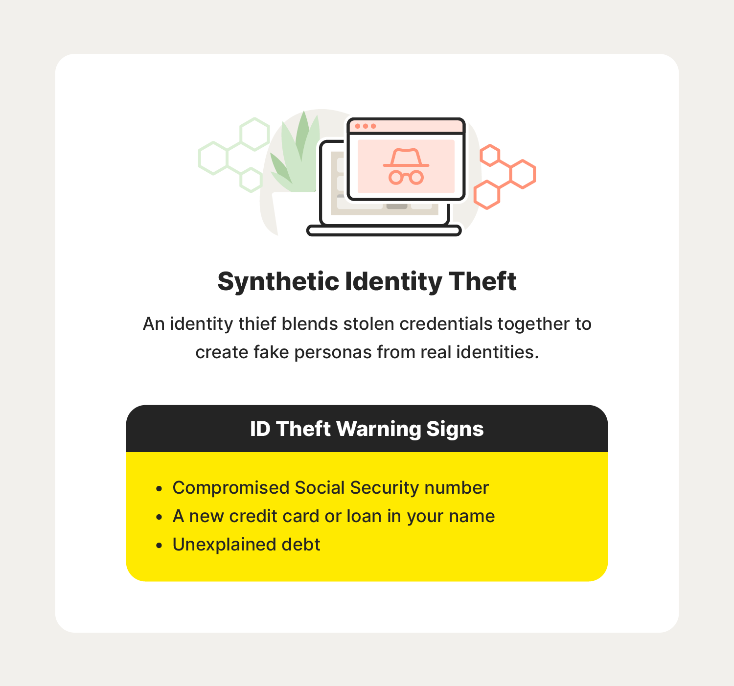 A graphic describes synthetic identity theft, a type of identity theft to keep an eye on when learning how to avoid identity theft.