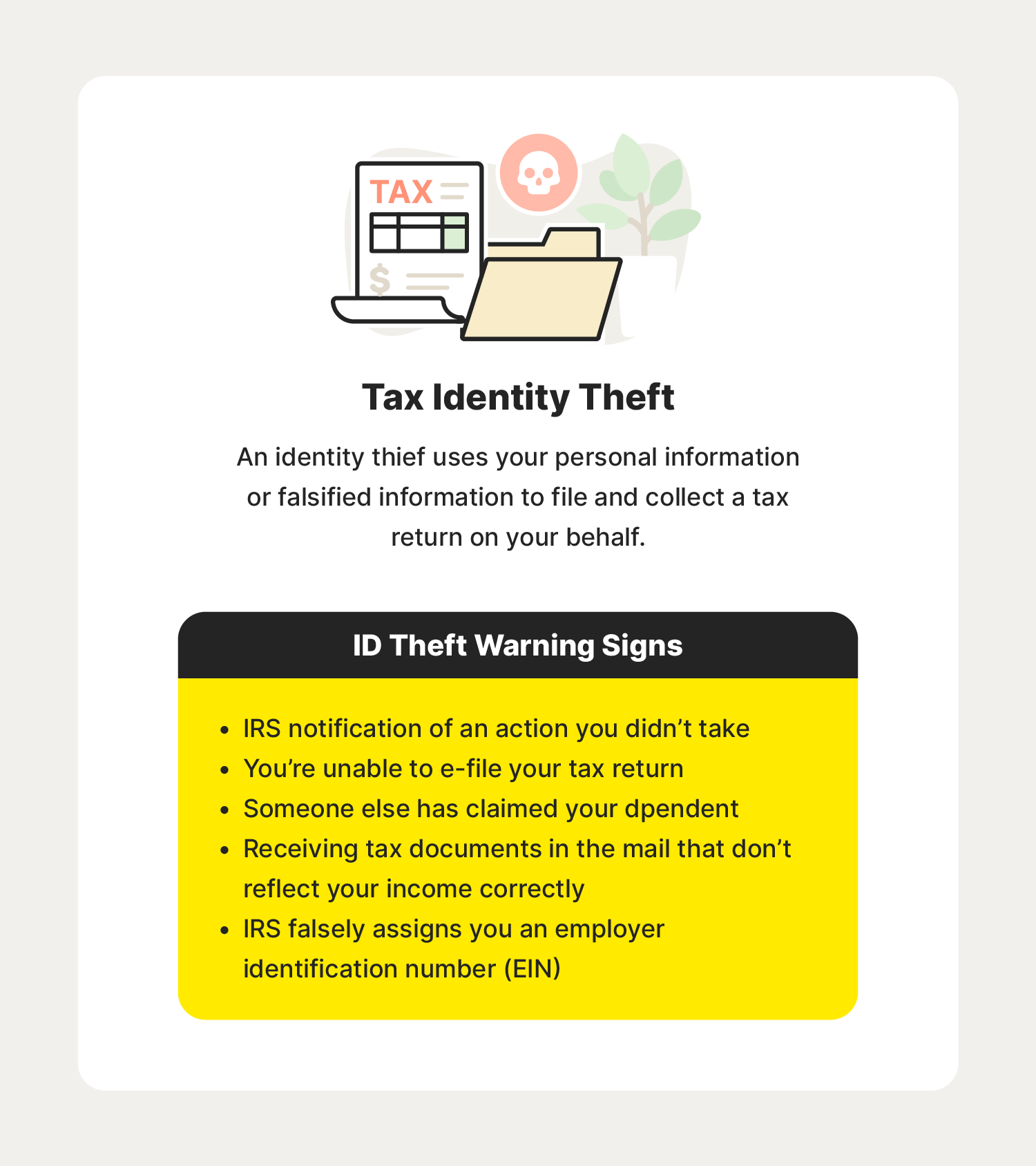 A graphic describes tax identity theft, a type of identity theft to keep an eye on when learning how to avoid identity theft.