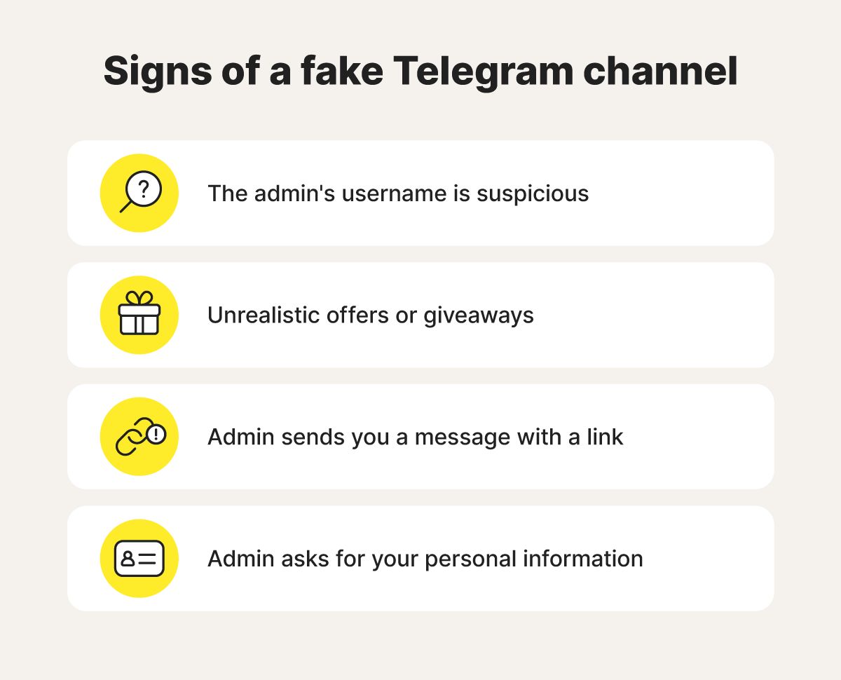 Graphic depicting the common signs of a fake Telegram channel.