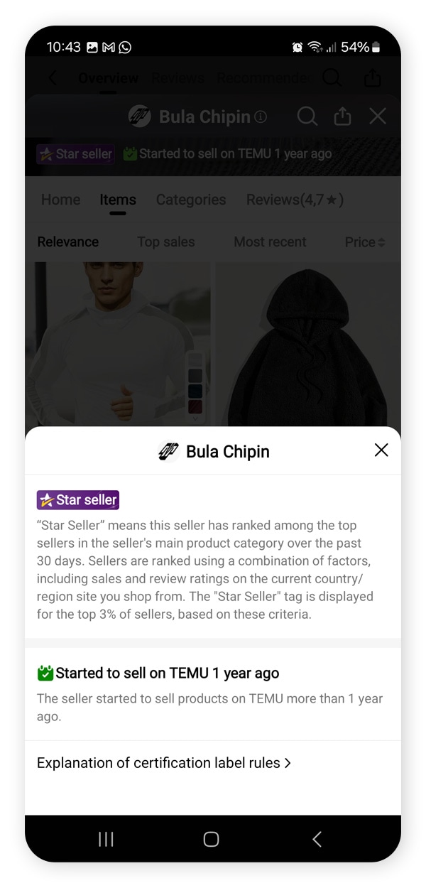 An example of a "star seller" on Temu, a verification that the seller is more legitimate than others.