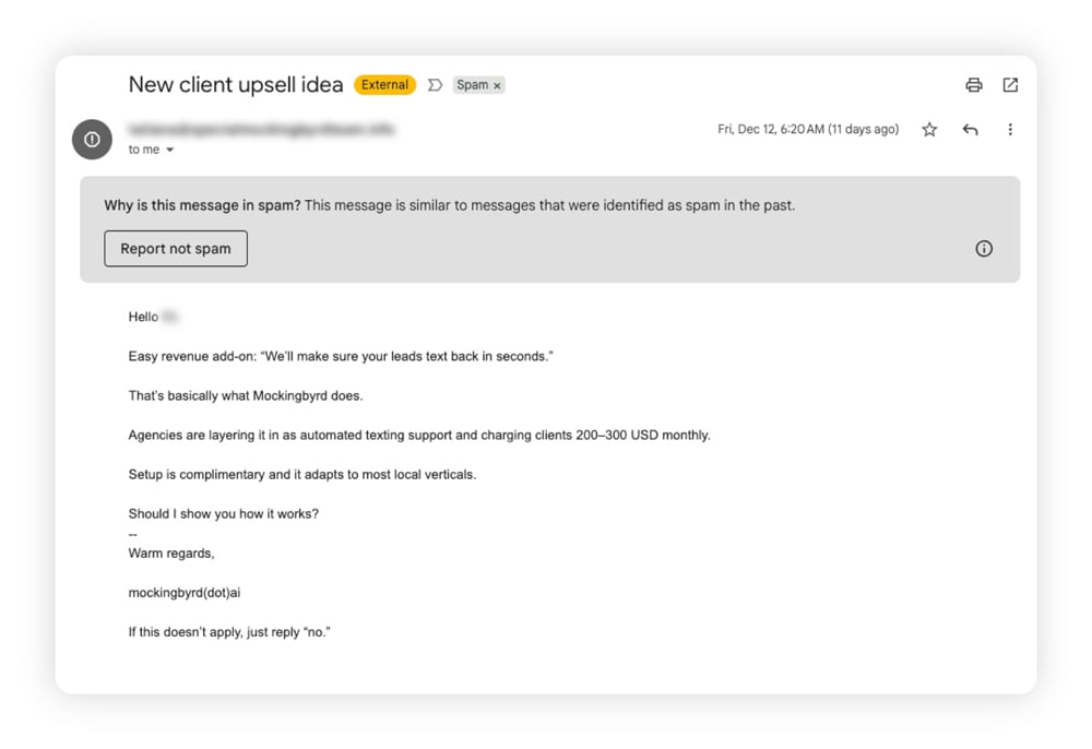 Screenshot of spear phishing email promising great results if you reply.