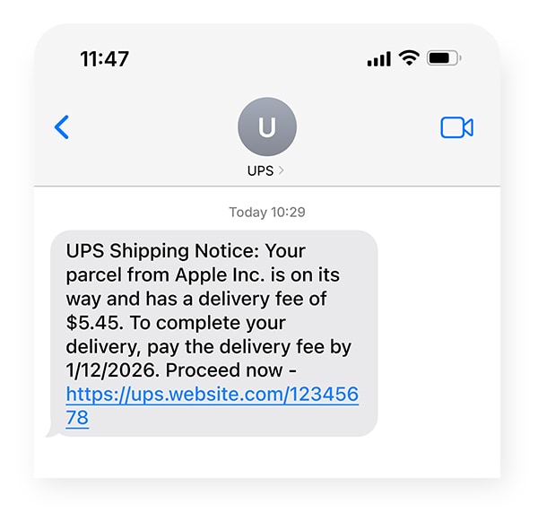 An example of a UPS delivery fee scam text.