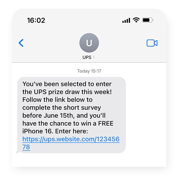 An example of a UPS reward scam text.