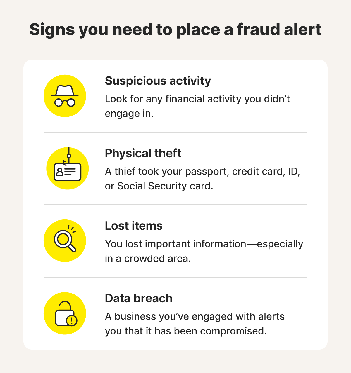 A graphic that details some signs that you need to place a fraud alert.