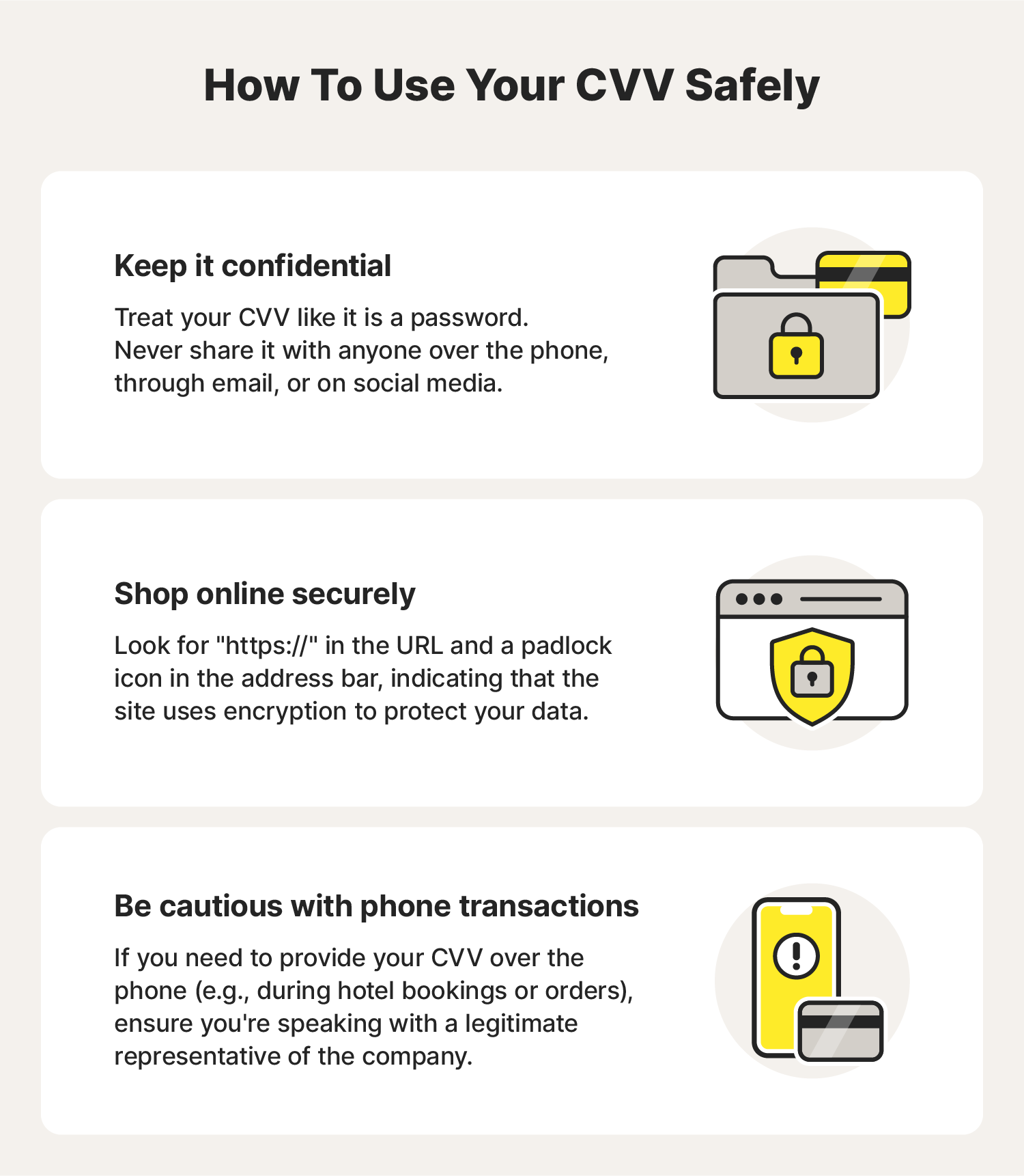 Three illustrations accompany tips for how to use your CVV safely.