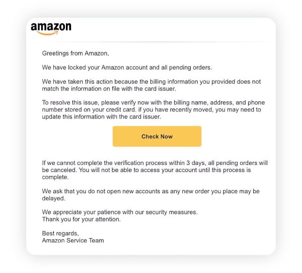 A screenshot showing a phishing email claiming to be from Amazon.