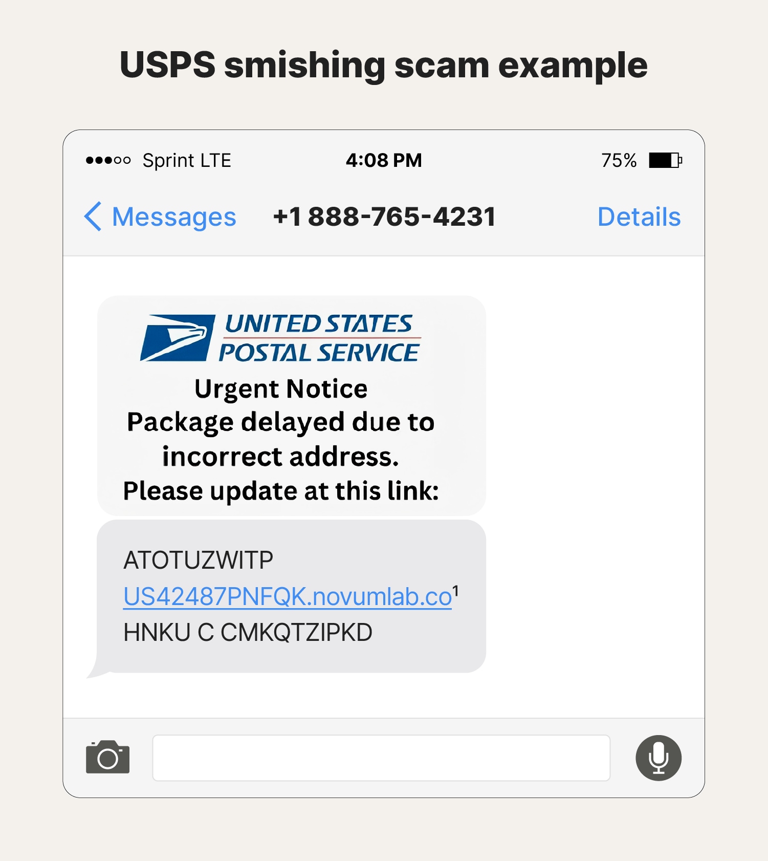 An image showing a USPS smishing scam