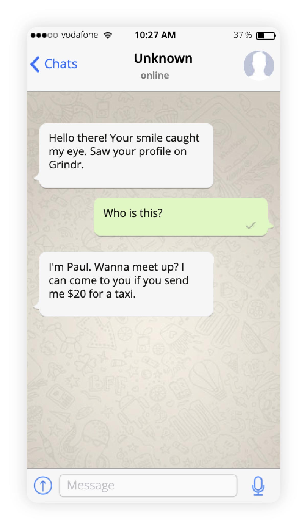 Image showing a WhatsApp romance scam conversation with romantic messages, followed by a sudden request for financial assistance.