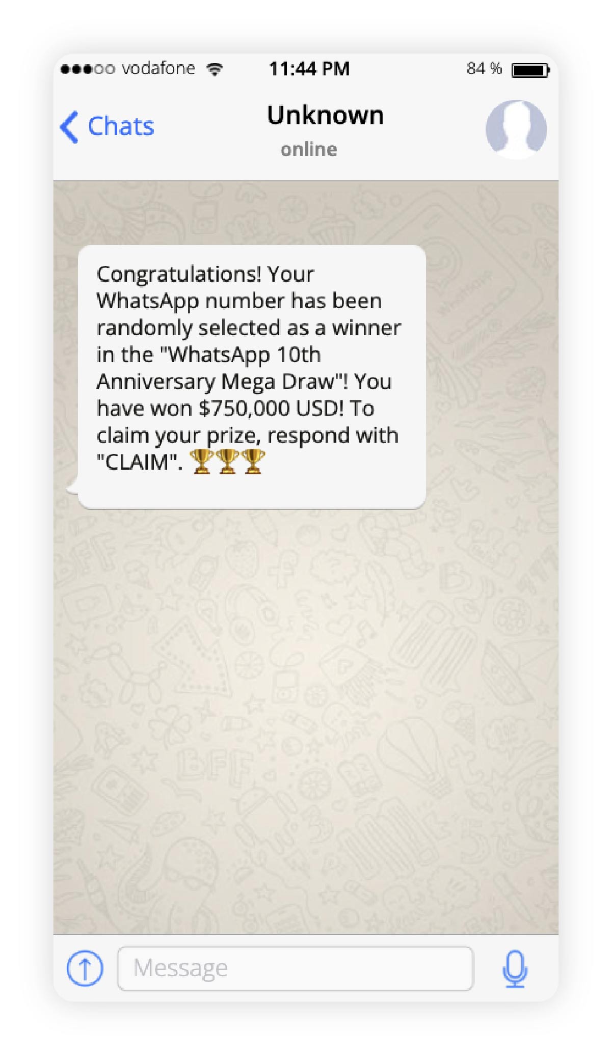 A WhatsApp message displaying a notification of winning a large sum in a lottery, asking for personal details to claim the non-existent prize.