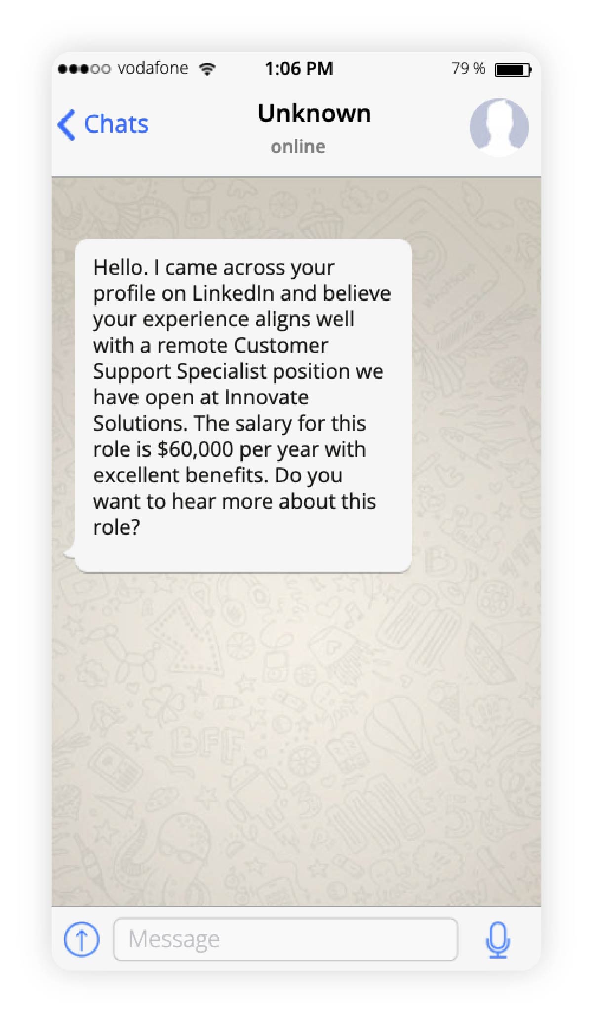 Screenshot of a WhatsApp text offering a high-paying job involving minimal effort.