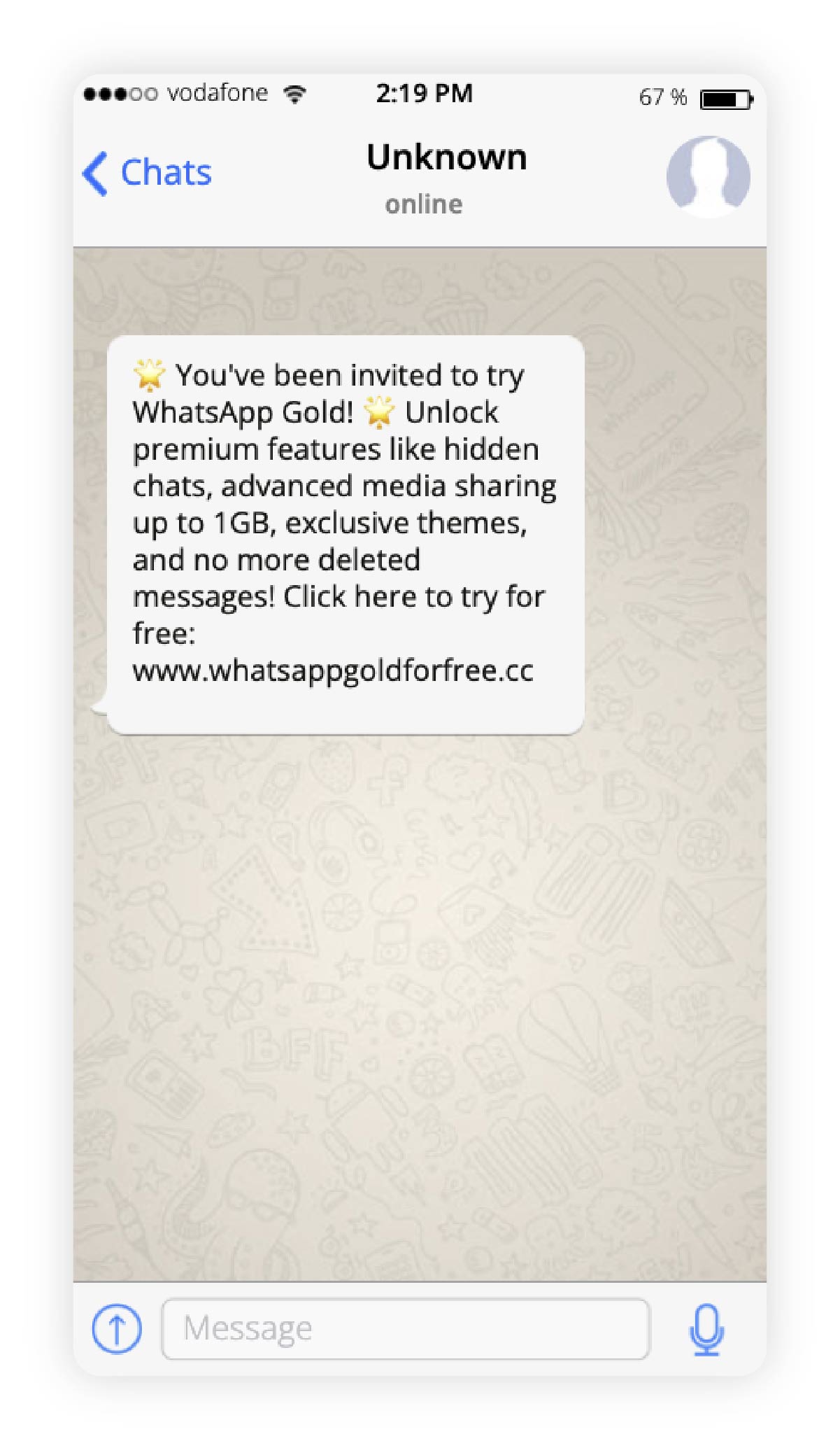 Image depicting a WhatsApp message promoting a fake “WhatsApp Gold” version with promises of exclusive features and a download link.