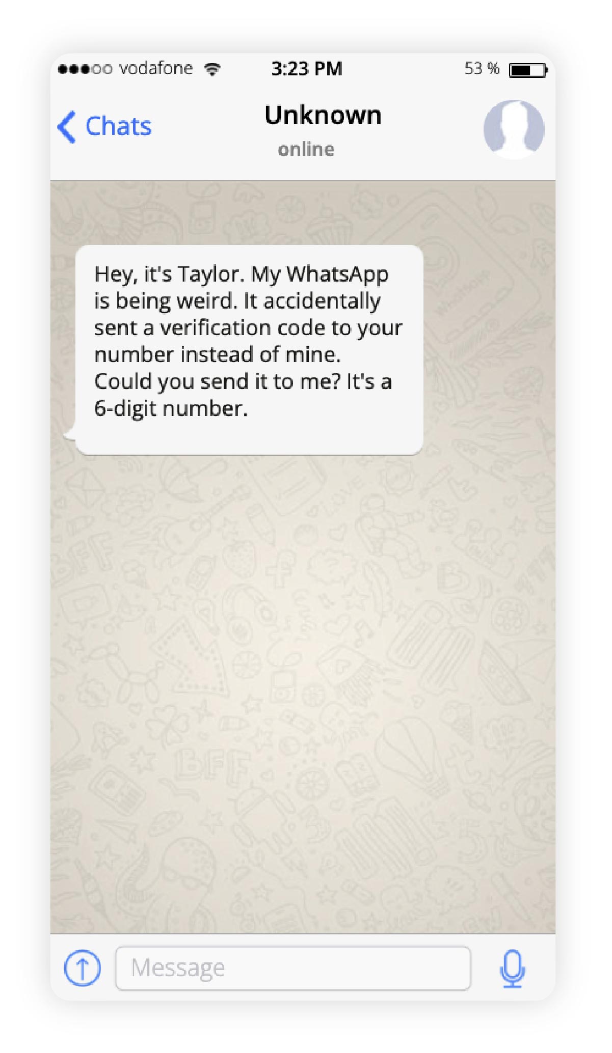 A WhatsApp text where someone claiming to be a friend asks for a verification code they supposedly had sent to the wrong number.