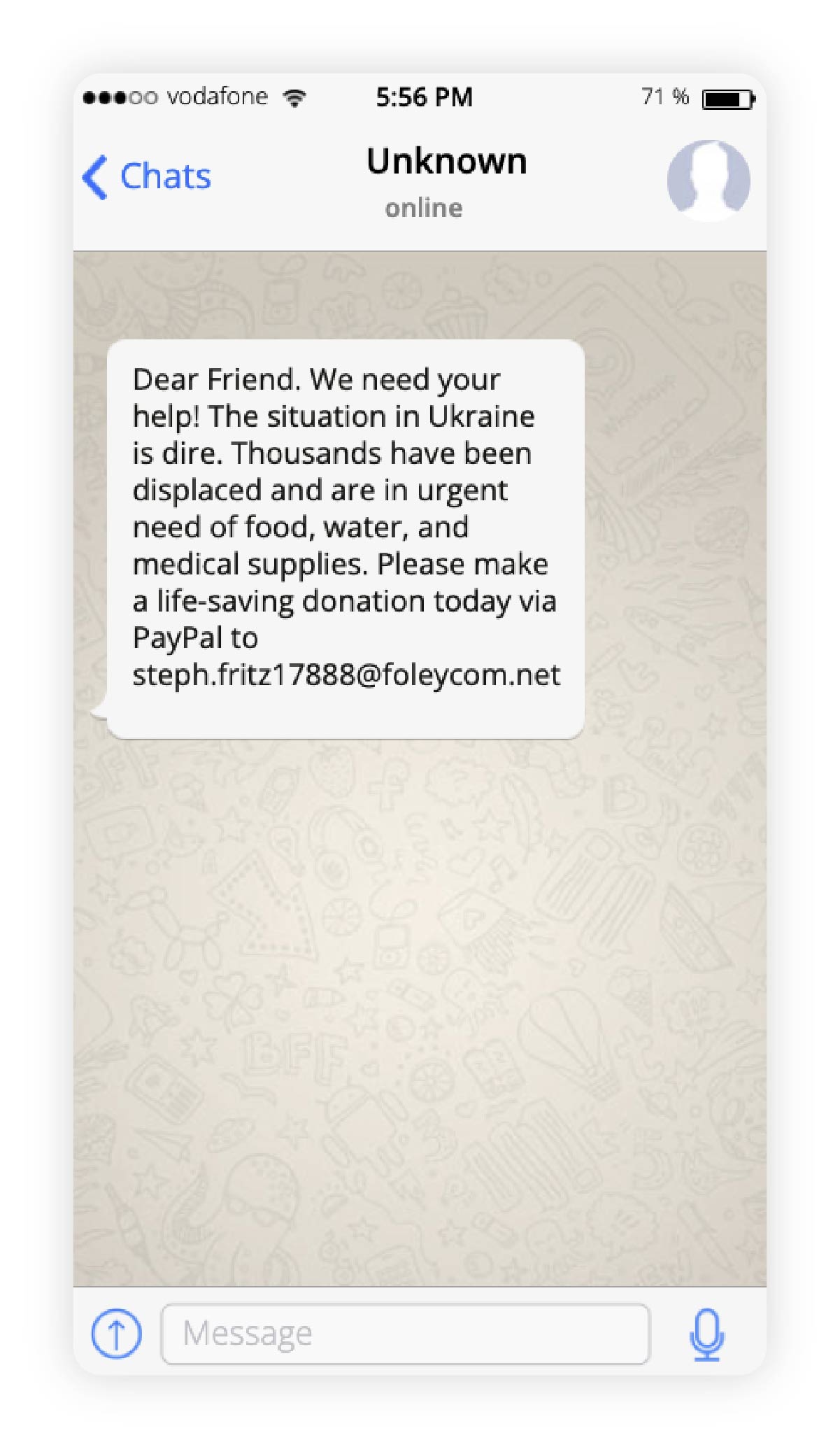 Image showing a WhatsApp plea for donations to a fake charity, often using emotional language and urgent scenarios.