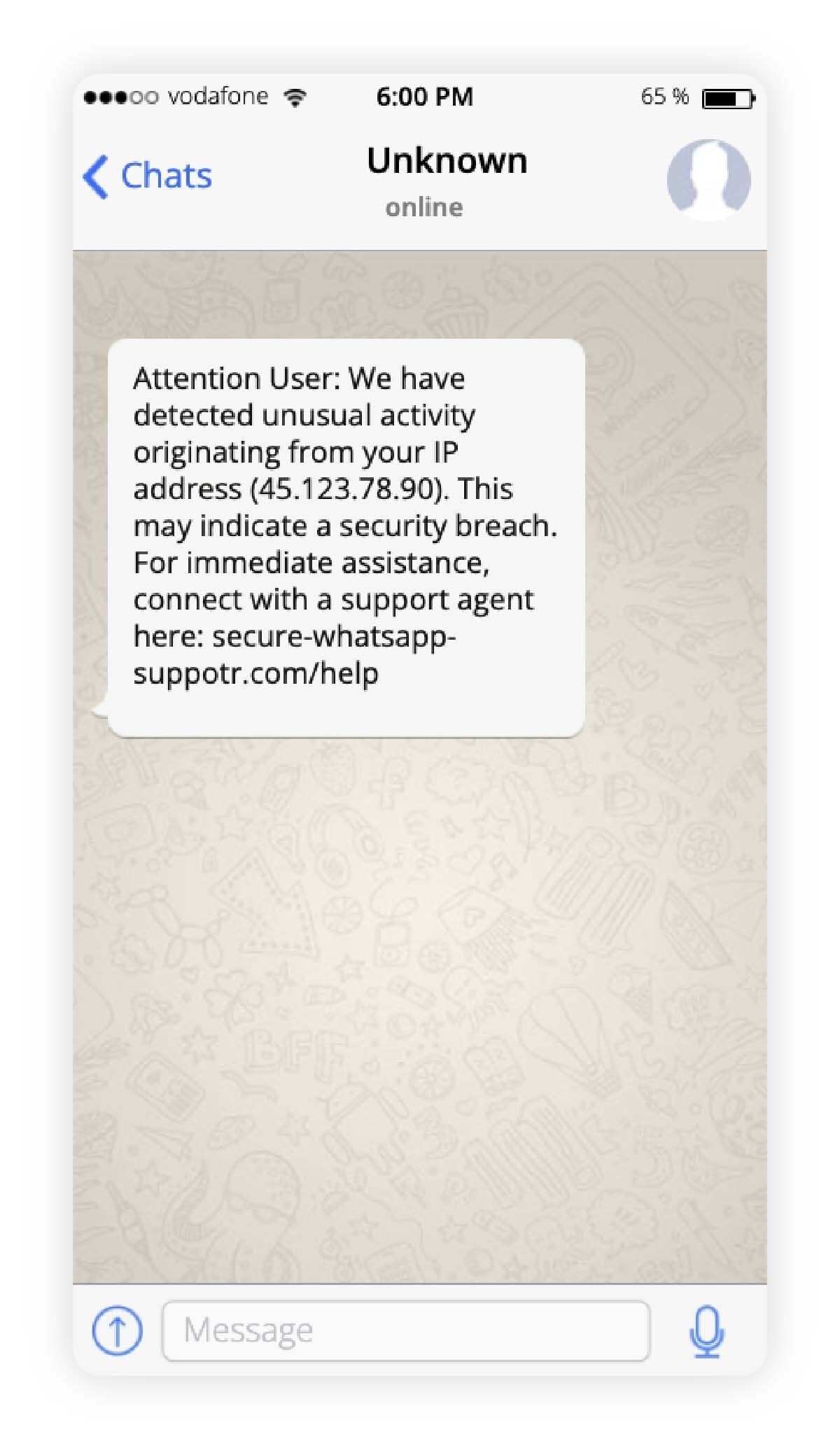 A WhatsApp message where someone impersonating WhatsApp support claims your account is at risk and asks for login details or verification codes.