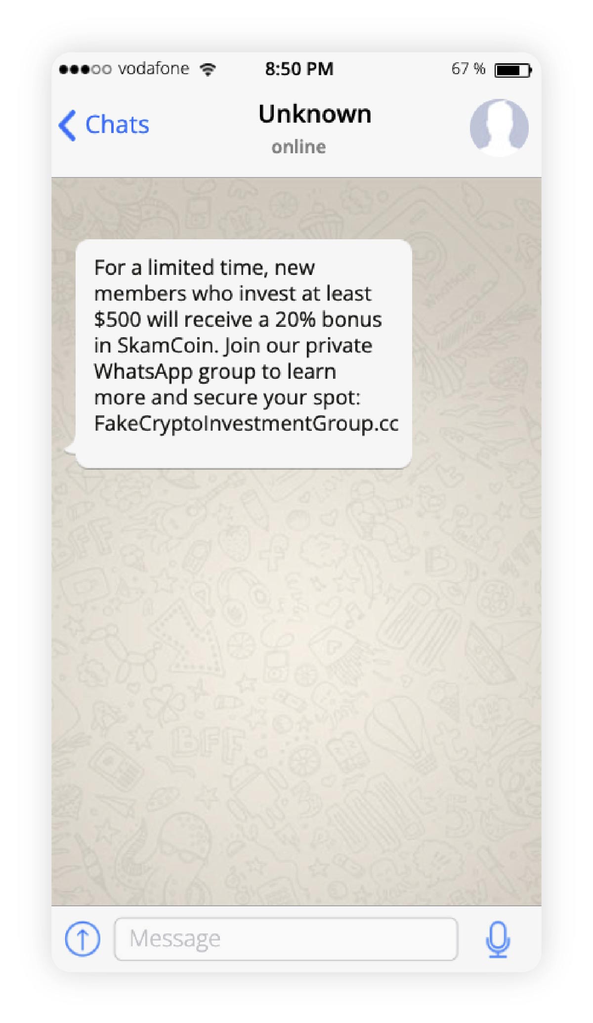 A WhatsApp text promoting a cryptocurrency investment with promises of unrealistic returns and pressure to invest quickly.