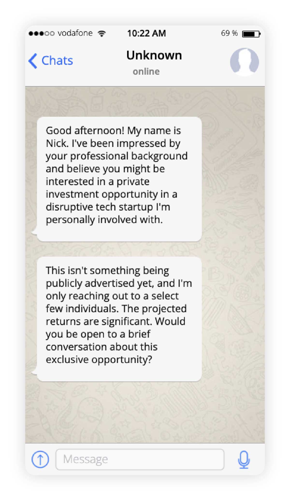 Image depicting a WhatsApp message from someone claiming to be a financial expert, offering exclusive investment opportunities.
