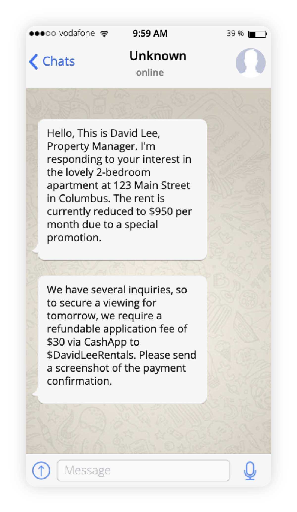 Screenshot of a WhatsApp message advertising a rental property with a very low price, requesting a deposit before viewing.