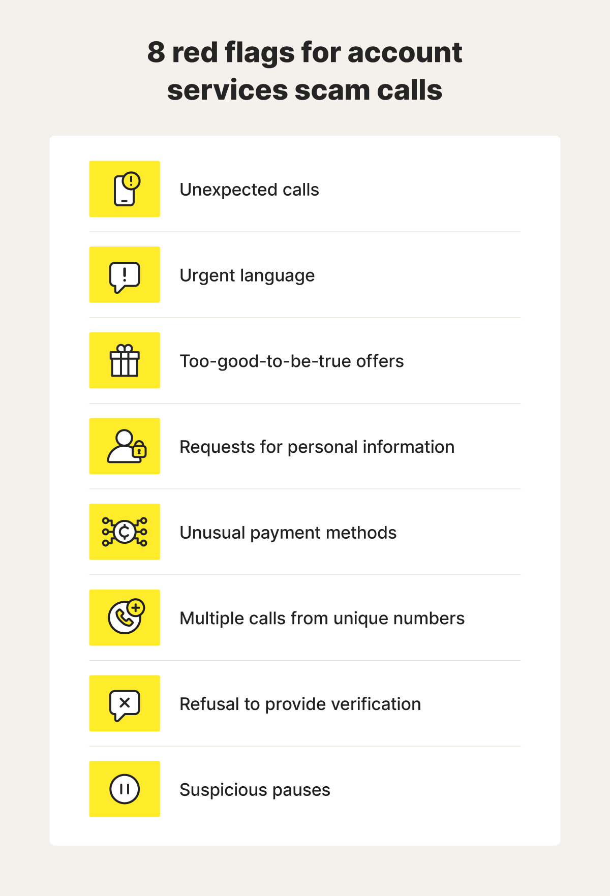 Graphic depicting eight account services scam call warnings.