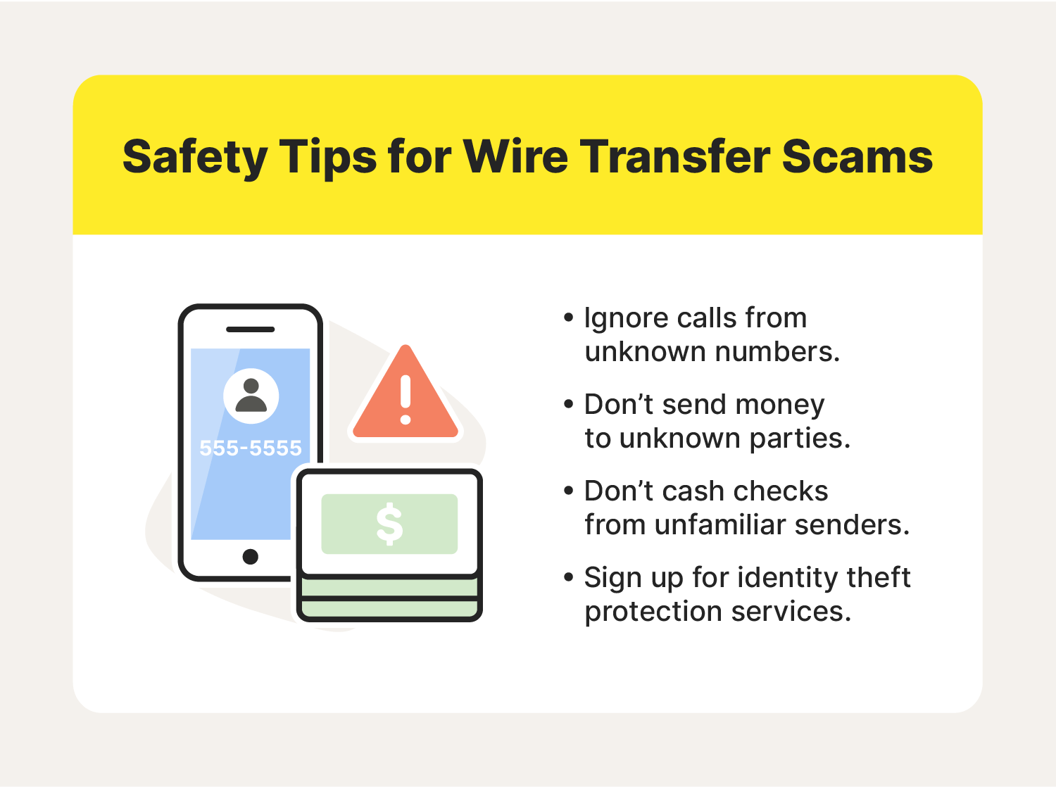 An image showcases safety tips for avoiding wire transfer scams.