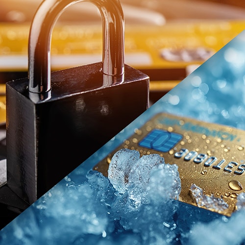 An image showing credit cards with padlocks and ice, symbolizing the difference between credit locks and credit freezes.